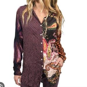 Alembika Rodeo Mix Print Multicolor Crinkle Long Sleeve button-up Shirt L